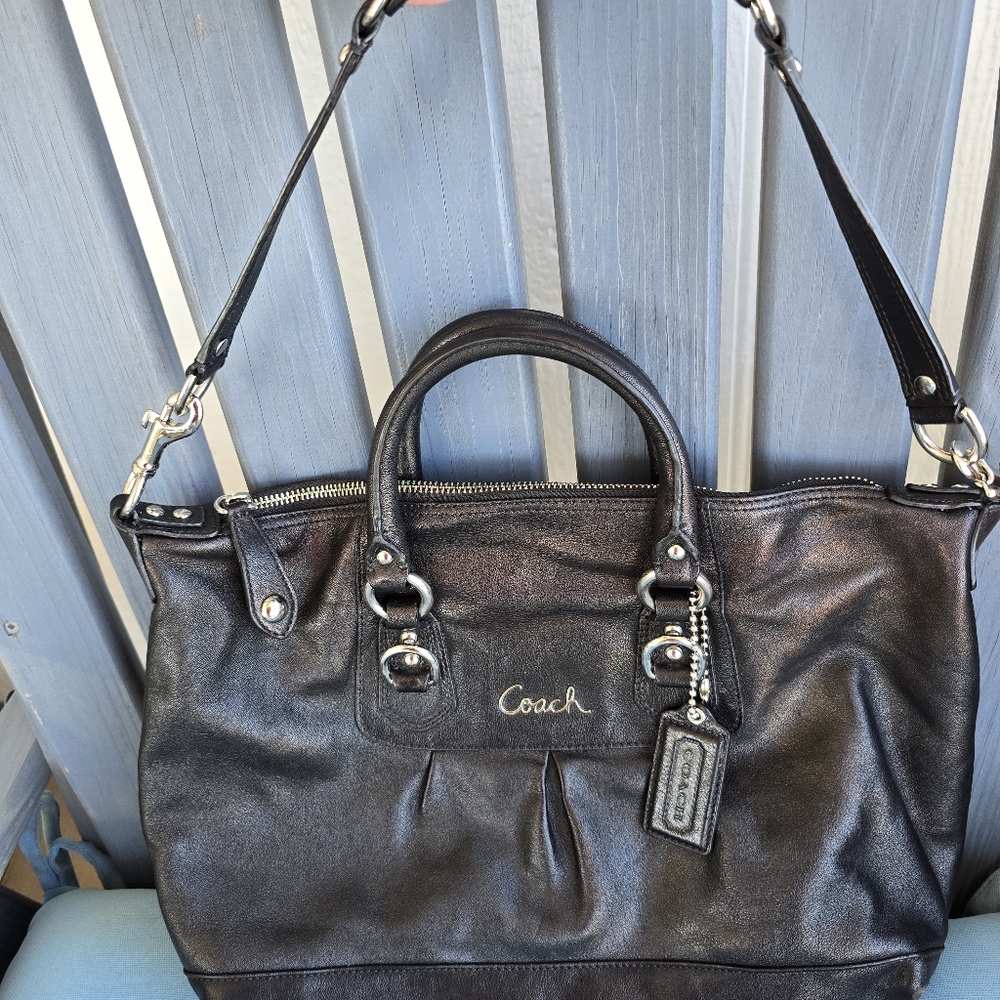 Coach Ashley Black Leather Satchel Shoulder Bag Great Condition Purple Lining - Picture 8 of 15